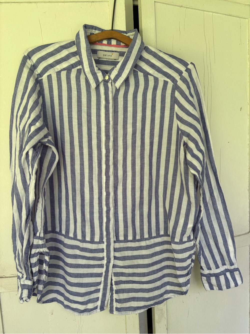 Blue and White Stripe Button-Down Woman’s Shirt by Per Una at Marks and Spencer.
